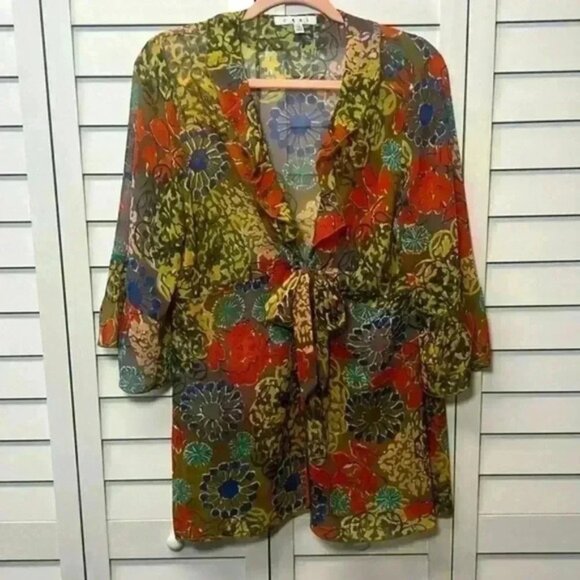 Cabi Shakespeare Floral 3/4 Sleeve Ruffle Kimono Tie Front Size Large - Picture 1 of 9